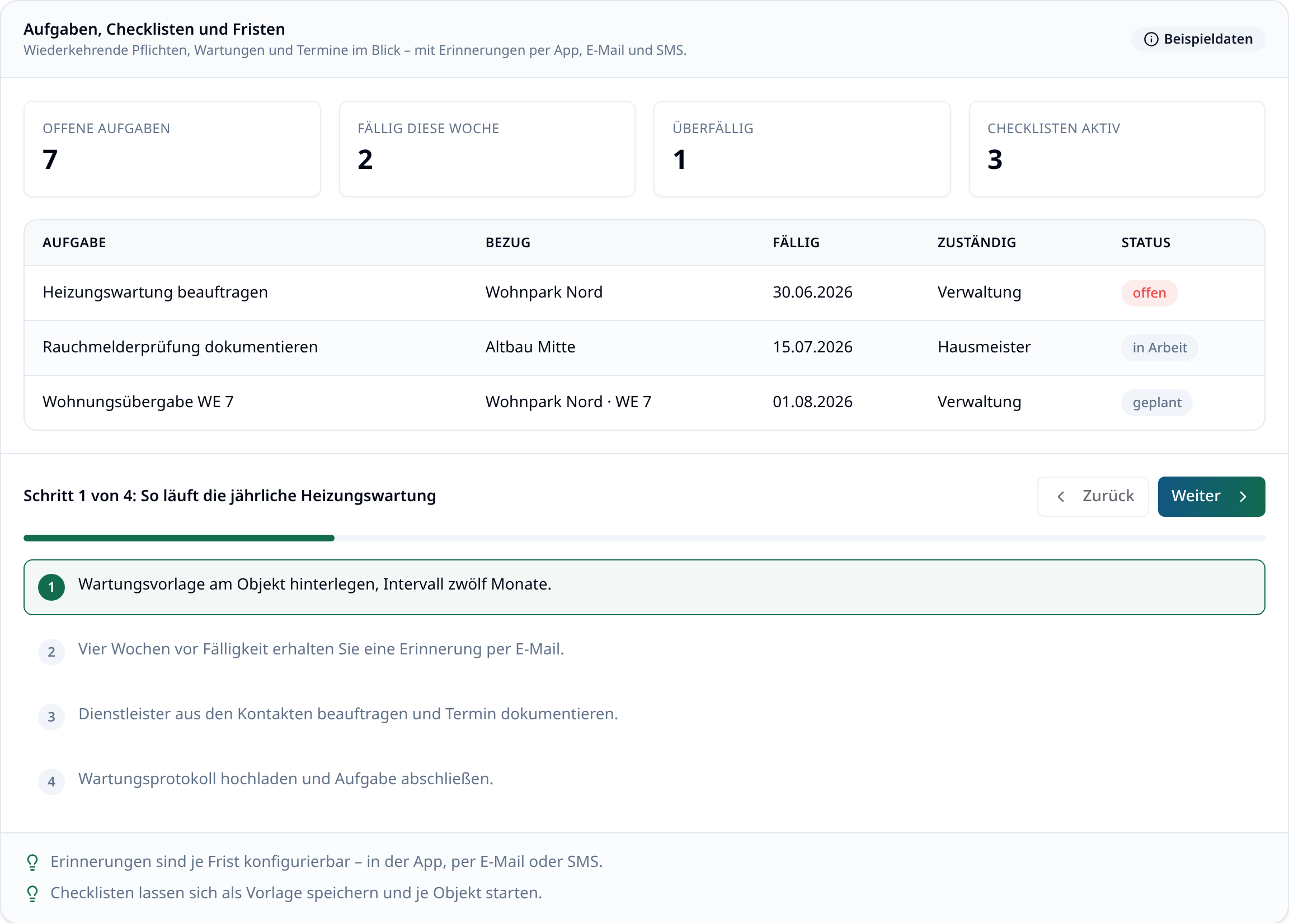 Aufgabenliste in immoflow mit Fristen und Prioritäten