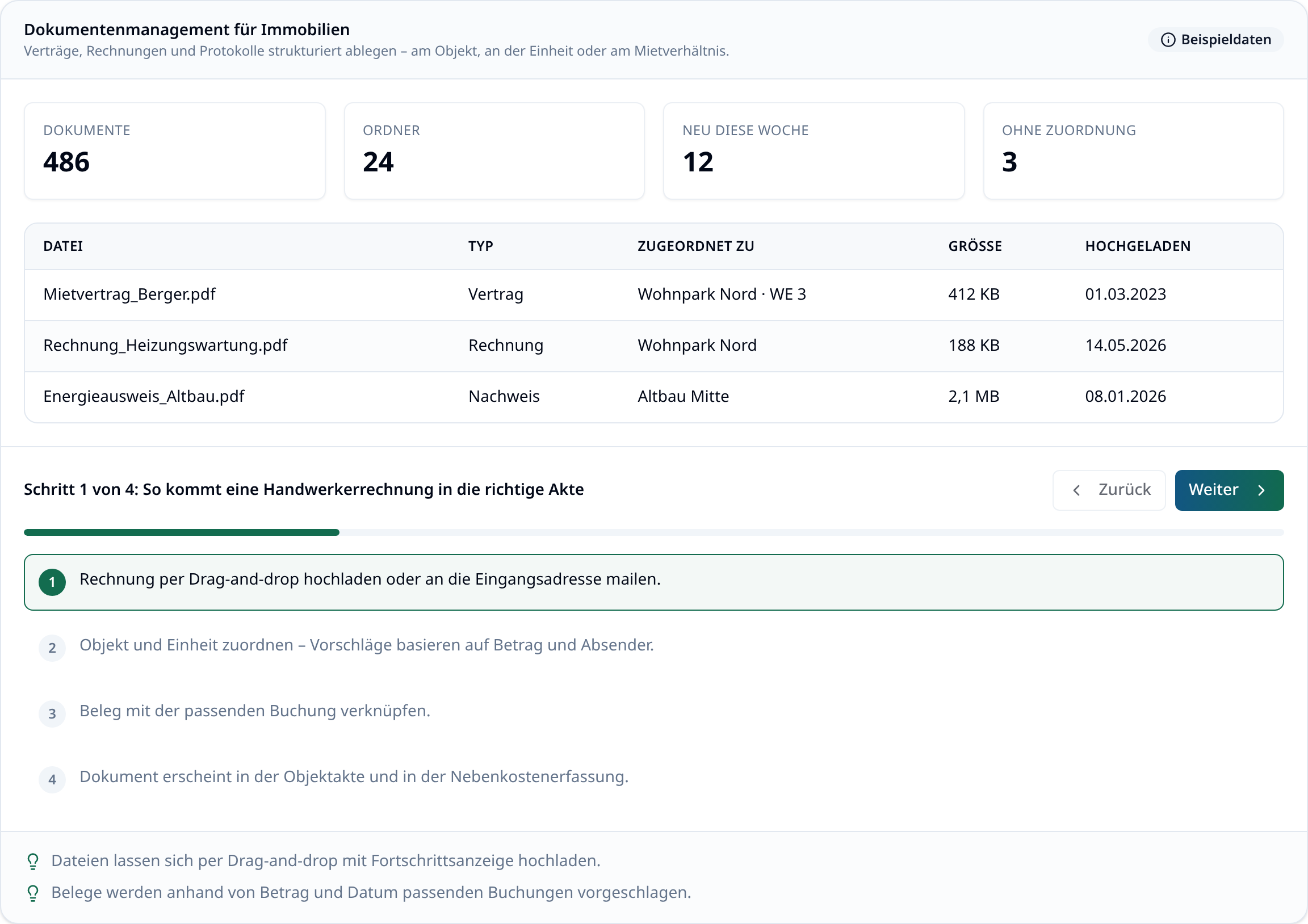 Dokumentenverwaltung in immoflow mit Dateiliste und Zuordnungen