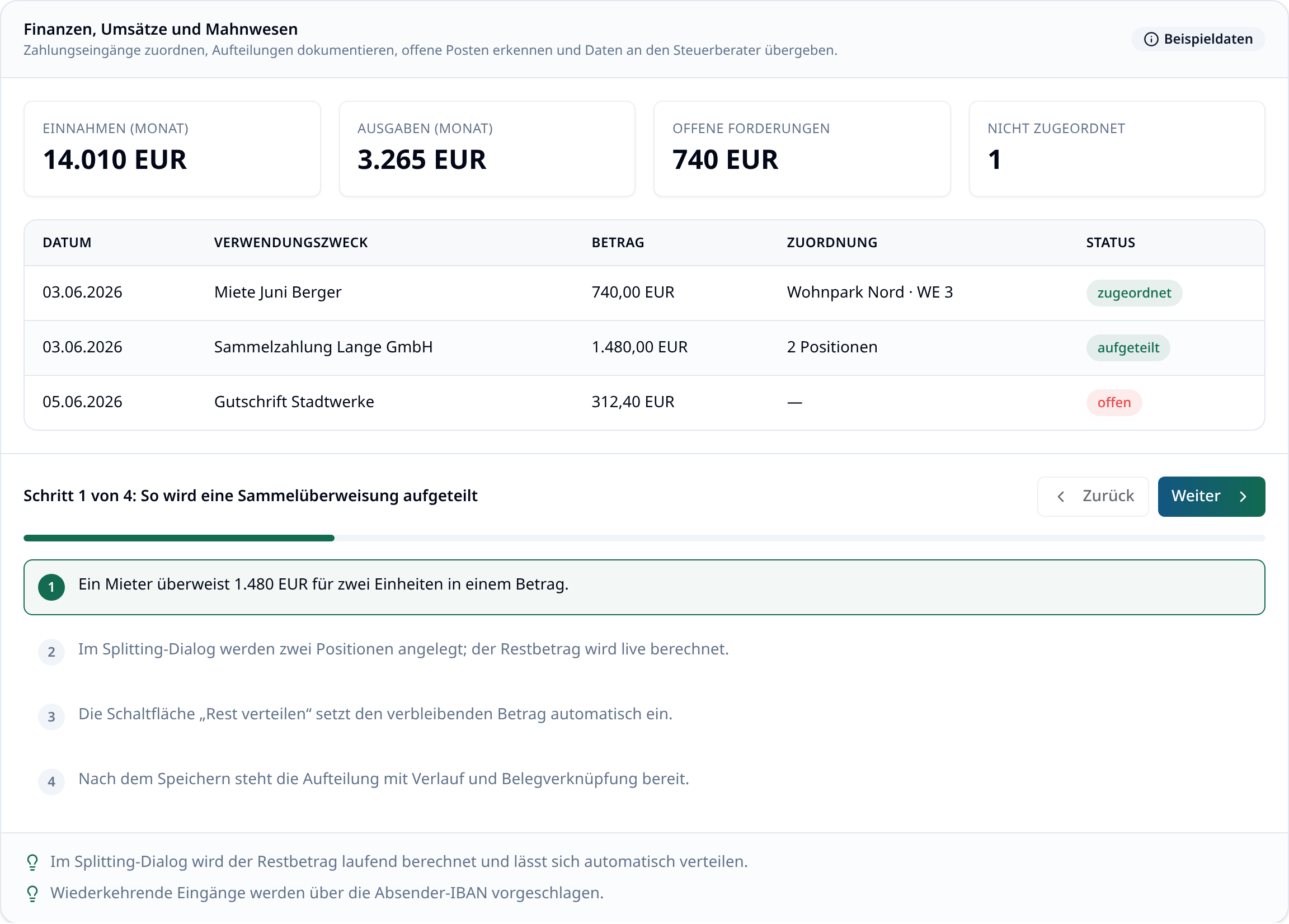 Finanzseite in immoflow mit Kennzahlen und Transaktionsliste