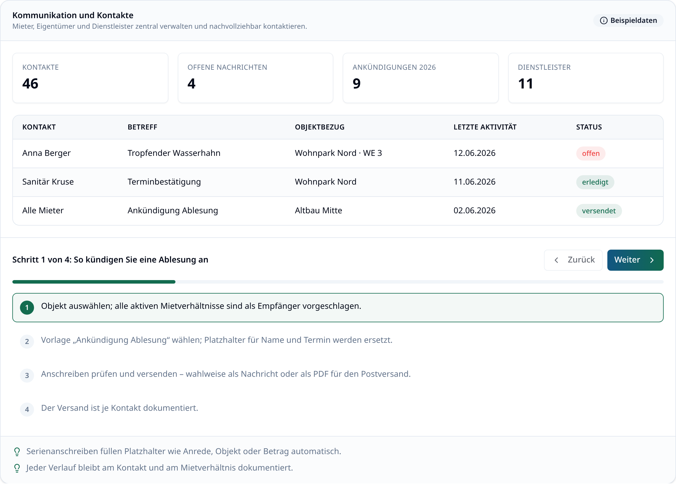 Kommunikationsbereich in immoflow mit Nachrichtenliste und Kontakten