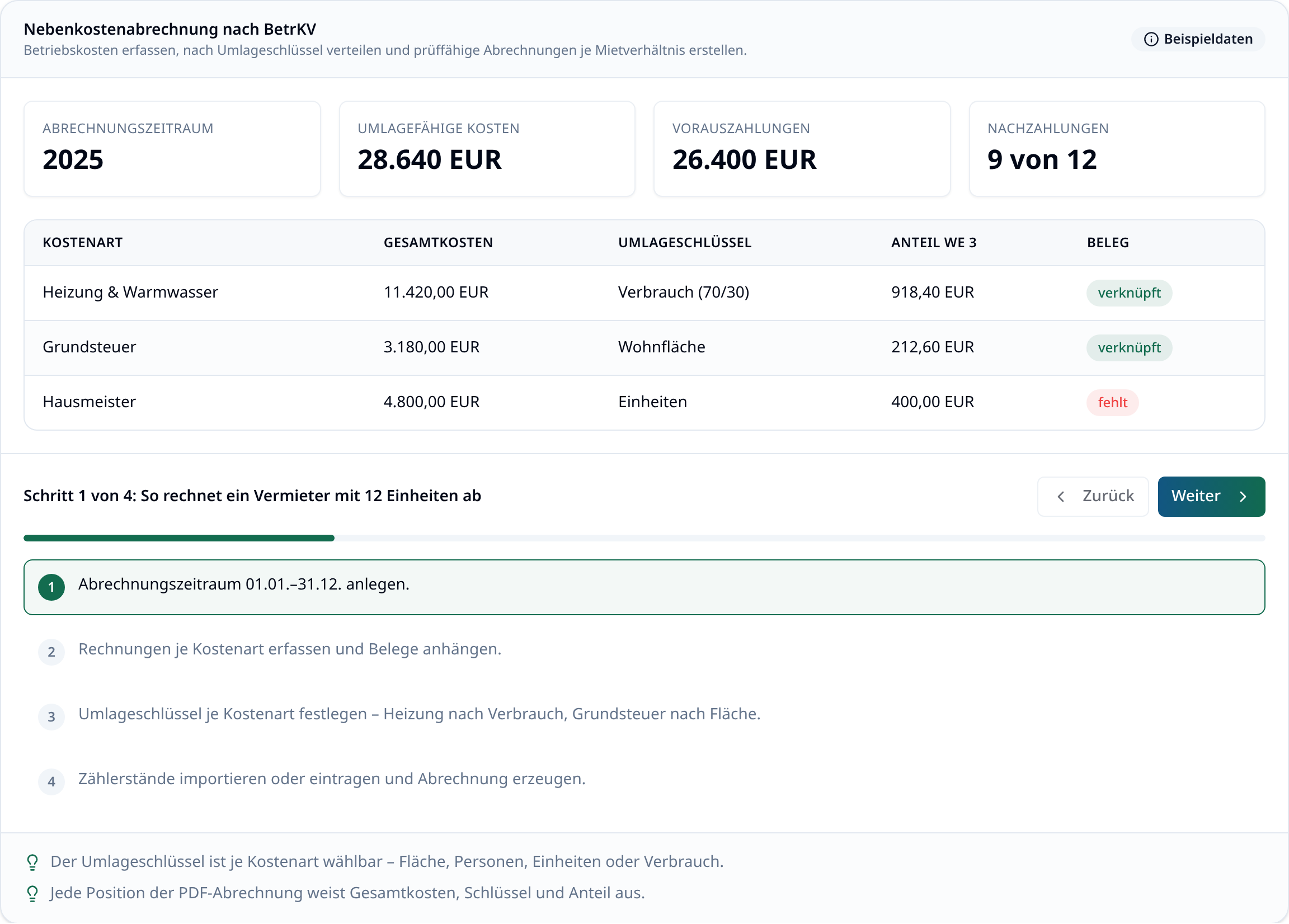 Nebenkostenabrechnung in immoflow mit Kostenarten und Umlageschlüsseln